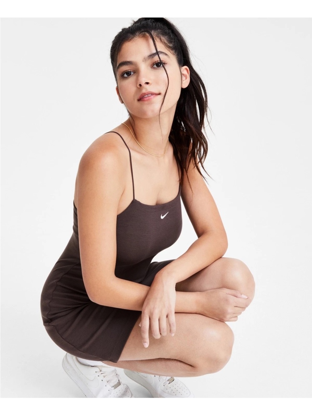 Nike Brown Spaghetti-Strap Mini Ribbed Dress with Nike Swoosh